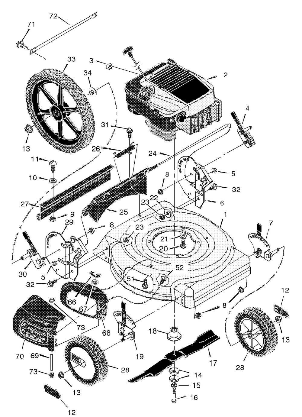 Mower Housing Assembly Diagram and Parts List for 20505X92B 1997 Briggs and Stratton Lawn Mower